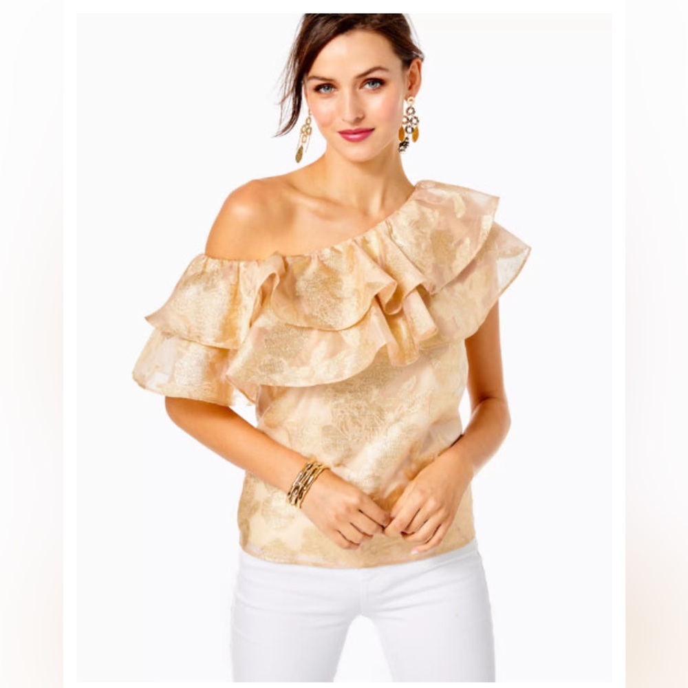 NWT Lilly Pulitzer Trixie One-Shoulder Ruffle Top - Gold Organza Brocade Size XS
